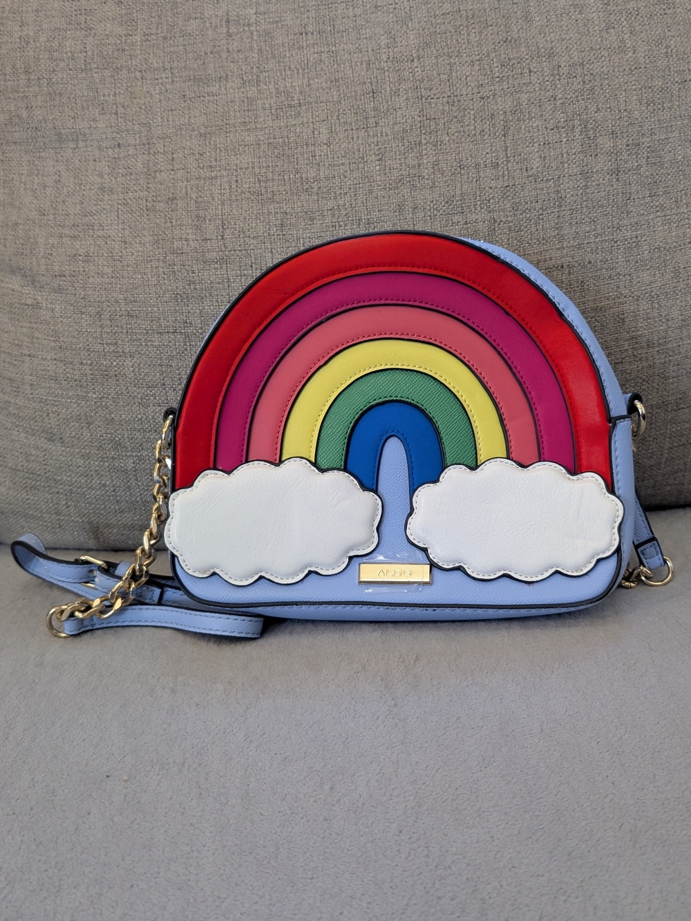 Aldo Light Blue Rainbow Appliqué Crossbody with Clouds
